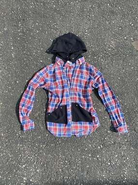 Old Navy Red and Blue Plaid Flannel with Detachable Black Hoodie